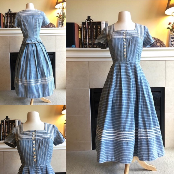 50s/ 60s Blue Pinstripe Cotton Day Dress - Picture 1 of 2